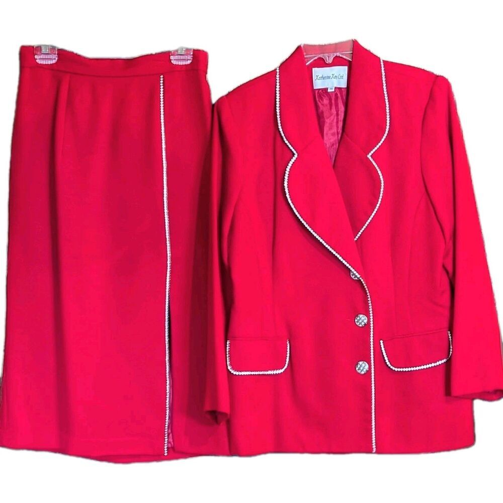 Katherine Kay Vintage 90s Red Rhinestone Skirt Suit Set Festive Formal Fits 10